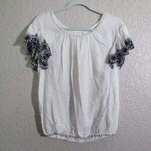 Max Studio White Peasant Top w/ Navy Embroidered Ruffle Sleeves – Size M – NWT